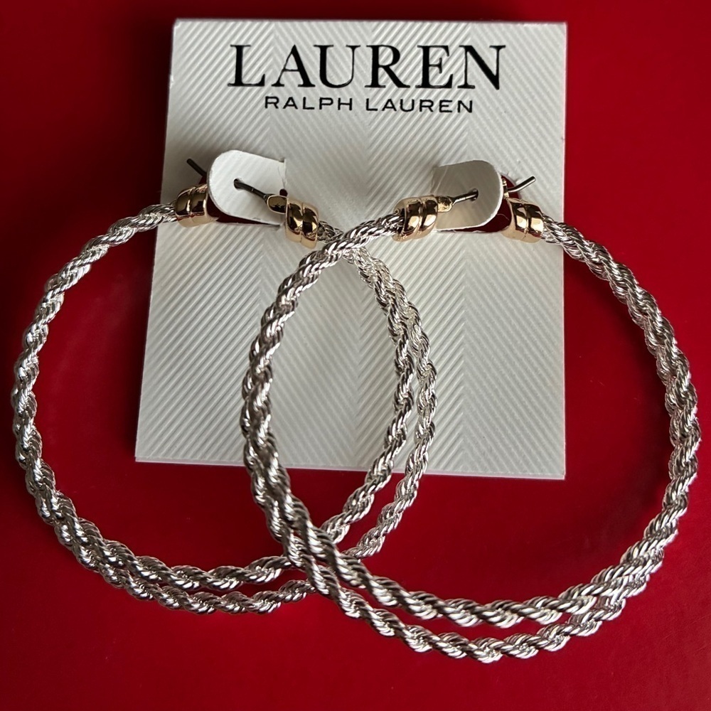 Ralph Lauren Silver and Gold Twisted Hoop Earrings - Picture 3 of 7